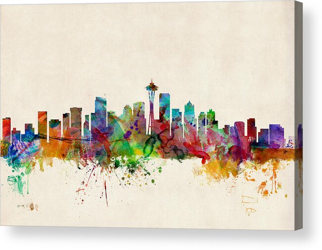 Watercolour Acrylic Print featuring the digital art Seattle Washington Skyline by Michael Tompsett