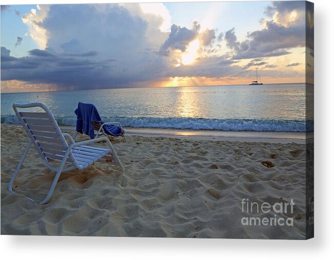 Beach; Grand Cayman; Seven Mile Beach; The Beach; Paradise; The Islands; Caribbean; Soaking It In; Sunsets; Beach Living; Sunset On The Beach; Ocean View; Surf; Ocean; Sailing Away; End Of A Day;   Acrylic Print featuring the photograph Sunset On Seven Mile Beach by Betty Morgan