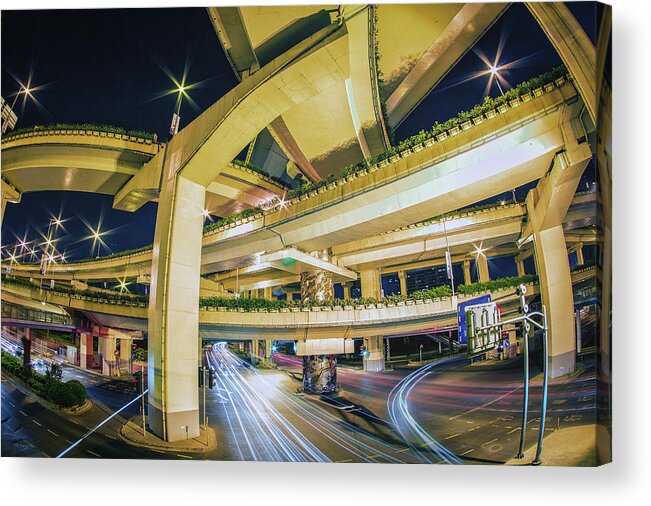Built Structure Acrylic Print featuring the photograph Shanghai Highway Intersection At Night by Sandro Bisaro