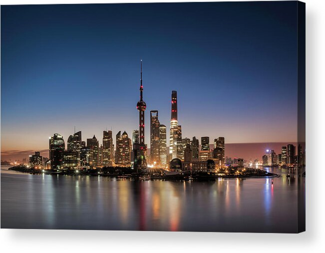 Dawn Acrylic Print featuring the photograph Shanghai Skyline And Huangpu River At by Martin Puddy