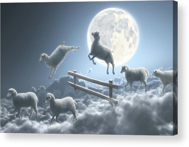 Animal Themes Acrylic Print featuring the digital art Sheep Jumping Over Fence In A Cloudy by Dieter Spannknebel