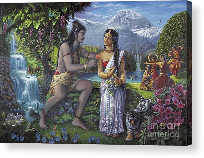 Shiva Cards Acrylic Print featuring the painting Shiva and Parvati by Vishnudas Art