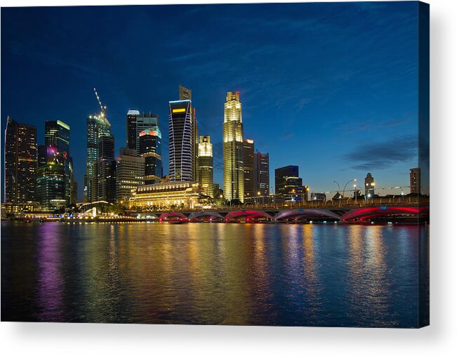 Singapore Acrylic Print featuring the photograph Singapore River Waterfront Skyline at Blue Hour by Jit Lim