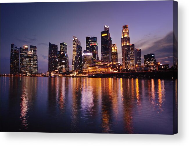 Financial District Acrylic Print featuring the photograph Singapore Skyline With Purple Sky by Carlina Teteris