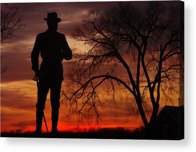 Civil War Acrylic Print featuring the photograph Sky Fire - Brigadier General John Buford - Commanding First Division Cavalry Corps Sunset Gettysburg by Michael Mazaika