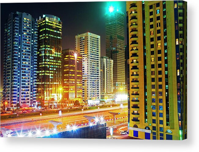 Tranquility Acrylic Print featuring the photograph Skyscrapers On Sheikh Zayed Road, Night by Scott E Barbour