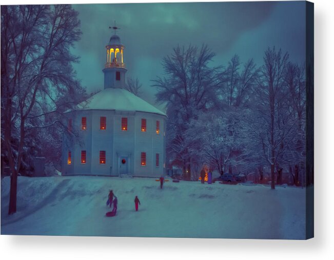 New England Church Acrylic Print featuring the photograph Sledding at the old round church by Jeff Folger