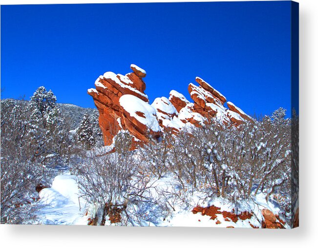 Winter Acrylic Print featuring the photograph Sloped Rock with Fresh Snow at Garden of the Gods by JD Smith