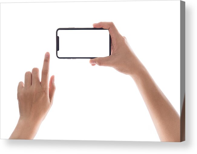 Internet Acrylic Print featuring the photograph Smartphone in female hands taking photo isolated on white blackground by Issarawat Tattong