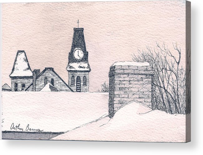 Drawing Acrylic Print featuring the drawing Snow and Steeple by Arthur Barnes