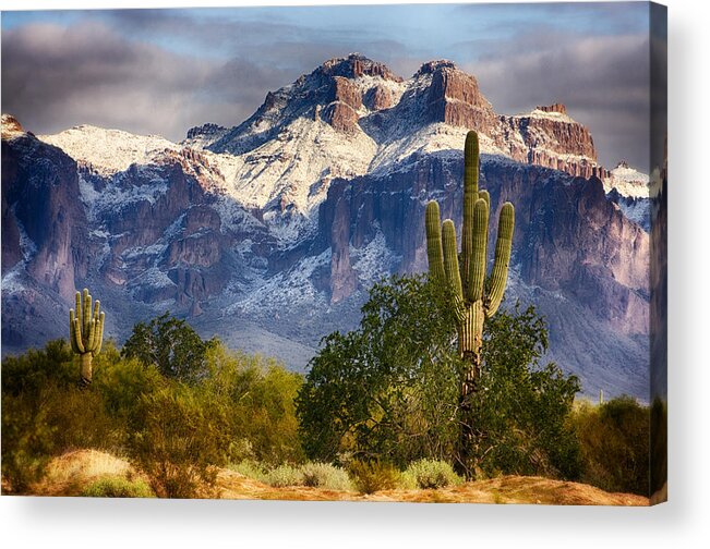 Arizona Acrylic Print featuring the photograph Snow Covered Superstitions by Saija Lehtonen