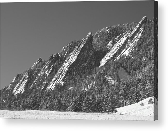 Flatirons Acrylic Print featuring the photograph Snow Powder Dusted Flatirons Boulder CO BW by James BO Insogna