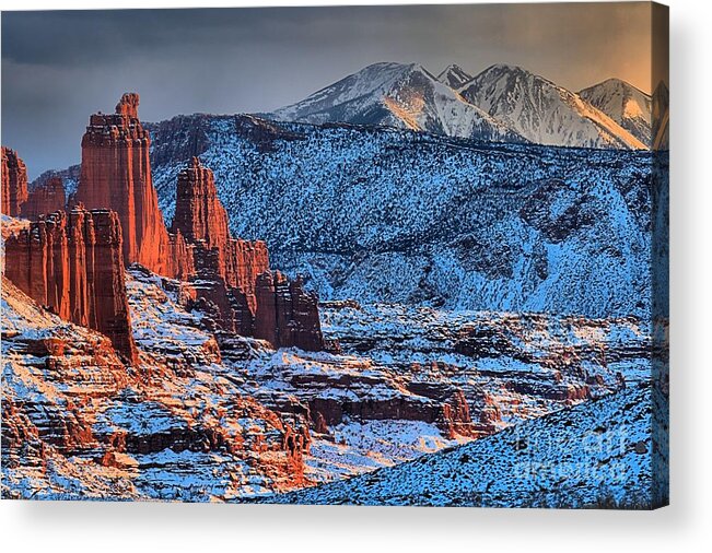 Fisher Towers Acrylic Print featuring the photograph Snowy Fisher Towers by Adam Jewell