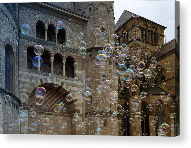 Bubbles Acrylic Print featuring the photograph Soap-bubbles In Front Of An Ancient Cathedral by Karin Stein