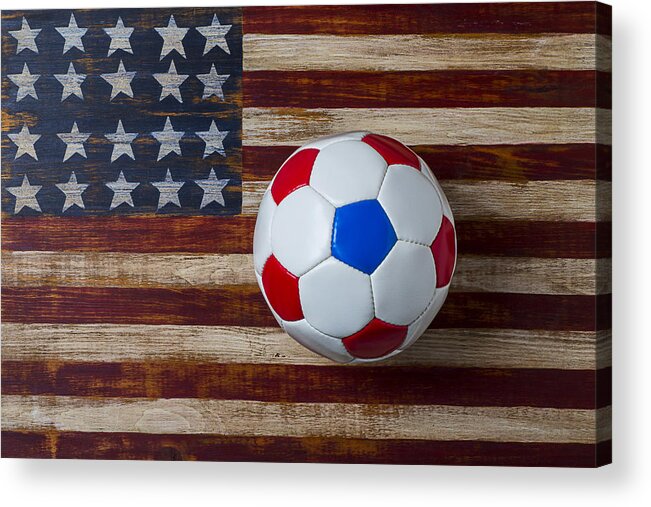Soccer Acrylic Print featuring the photograph Soccer ball on American flag by Garry Gay