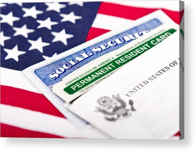 Social Security Card Acrylic Print featuring the photograph Social Security card and permanent resident on USA flag by Leekris