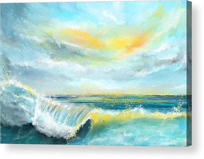 Turquoise Acrylic Print featuring the painting Splash Of Sun - Seascapes Sunset Abstract Painting by Lourry Legarde