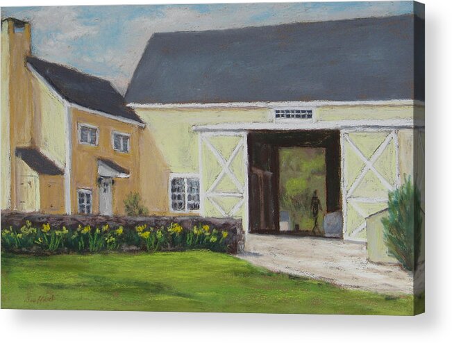 Yellow Barn Acrylic Print featuring the painting Spring Chores by Vikki Bouffard
