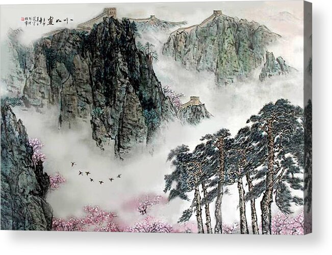 Mountains And Clouds Acrylic Print featuring the photograph Spring Mountains and the Great Wall by Yufeng Wang
