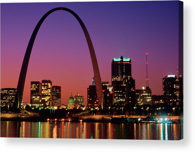 Photography Acrylic Print featuring the photograph St. Louis Skyline And Arch At Night by Panoramic Images