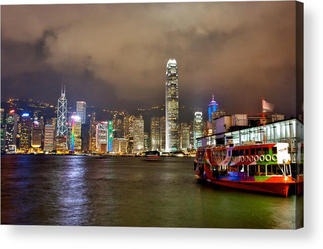  Symphony Of Lights Acrylic Print featuring the photograph Star Ferry in Night View in Victoria bay by Hisao Mogi