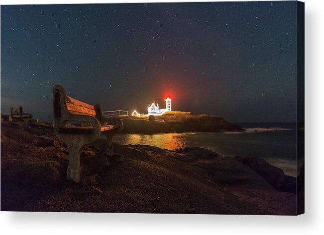 Nubble Light Acrylic Print featuring the photograph Starry skies over Nubble Lighthouse by Bryan Xavier
