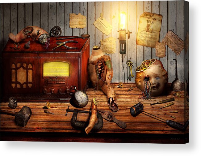 Haunted Doll Acrylic Print featuring the digital art Steampunk - Repairing a friendship by Mike Savad