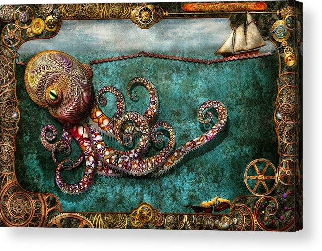 Self Acrylic Print featuring the digital art Steampunk - The tale of the Kraken by Mike Savad
