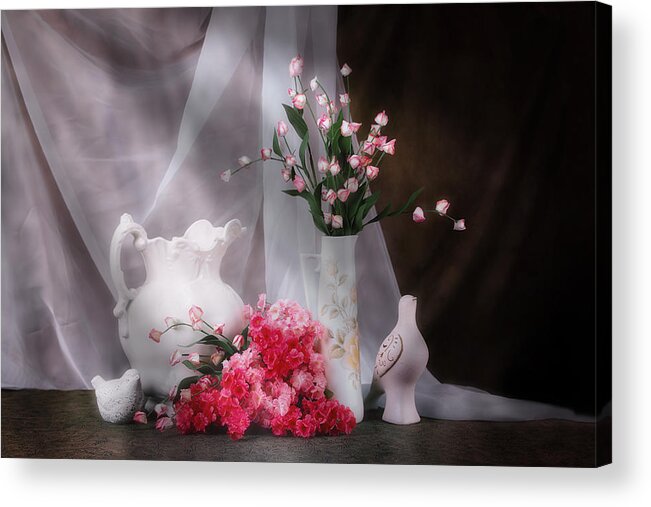 Arrangement Acrylic Print featuring the photograph Still Life with Flowers and Birds by Tom Mc Nemar