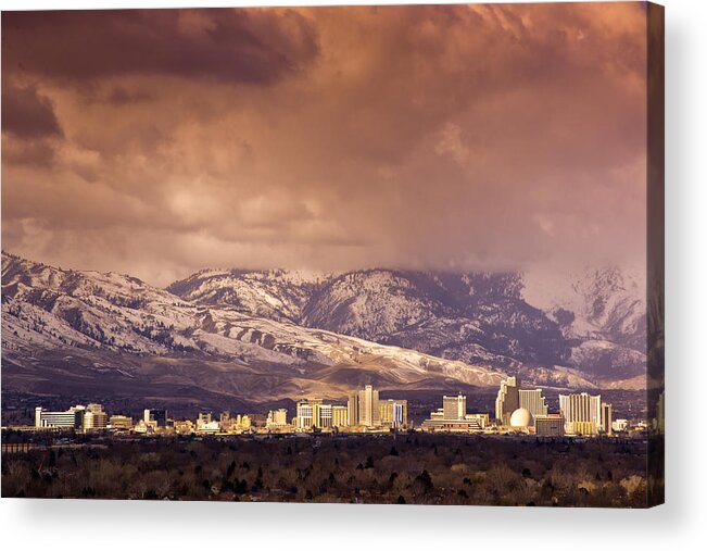reno Downtown Acrylic Print featuring the photograph Stormy Reno Sunrise by Janis Knight