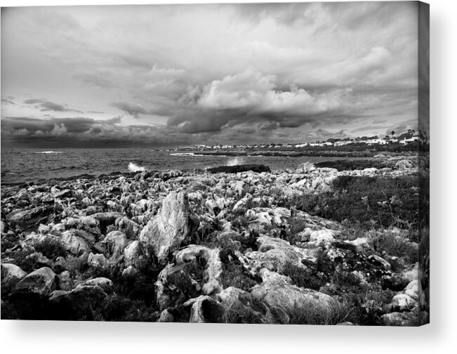 Abstract Acrylic Print featuring the photograph A Black And White Landscape Of A Wild Sea Painting Of Black The Rocks Of Menorca North Shore #1 by Pedro Cardona Llambias
