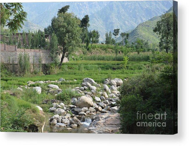 Mountains Acrylic Print featuring the photograph Stream trees house and mountains Swat Valley Pakistan by Imran Ahmed