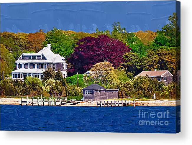 New England; Beach; Coastal; Shoreline; Summer Homes; Houses; Docks; Sea; Ocean; Marthas Vineyard; Trees; Nature; Natural; Kirt Tisdale Acrylic Print featuring the painting Summer at the Shore by Kirt Tisdale