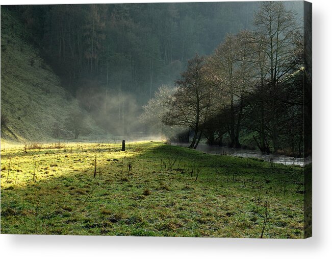 Britain Acrylic Print featuring the photograph Sunbeams and Mist - Wolfscote Dale by Rod Johnson