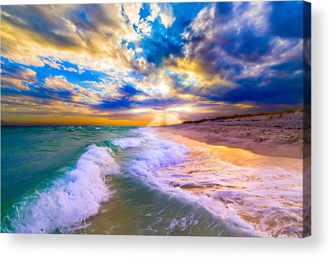 Waves Acrylic Print featuring the photograph Sunrays Breaking over Blue Sea-Destin Florida Sunset by eSzra