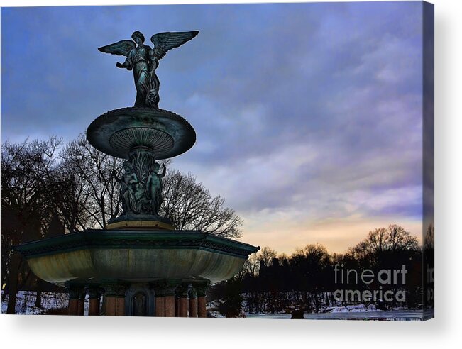 Angel Of The Waters Fountain Acrylic Print featuring the photograph Sunrise at Bethesda - Angel of the Waters by Lee Dos Santos