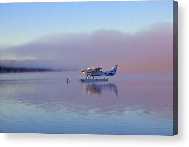 Seaplane Acrylic Print featuring the photograph Misty Sunrise on Lake Te Anau by Venetia Featherstone-Witty