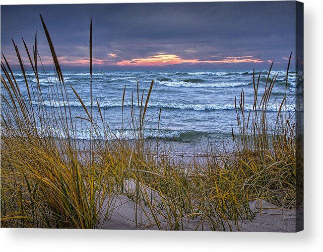 Art Acrylic Print featuring the photograph Sunset on the Beach at Lake Michigan with Dune Grass by Randall Nyhof