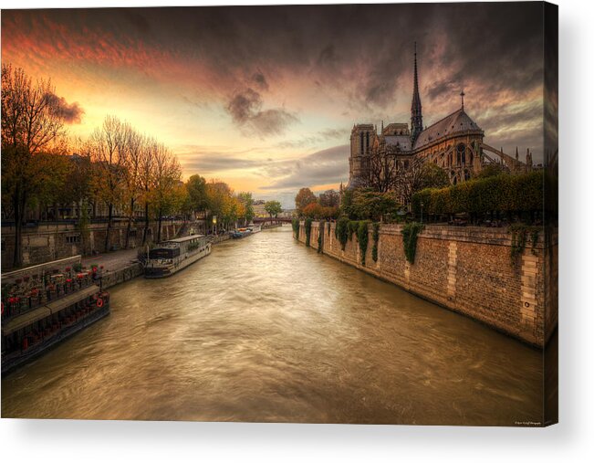 Notre Dame Cathedral Acrylic Print featuring the photograph Sunset on Notre Dame by Ryan Wyckoff