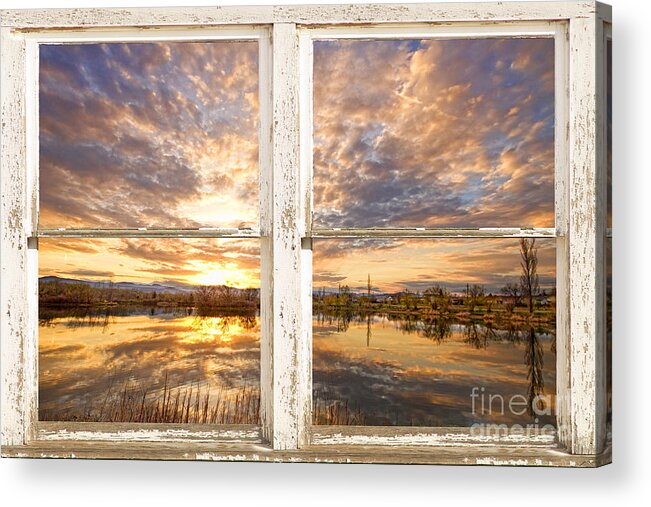 Window Acrylic Print featuring the photograph Sunset Reflections Golden Ponds 2 White Farm House Rustic Window by James BO Insogna