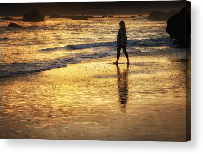 Beach Acrylic Print featuring the photograph Sunset Walk On San Simeon Beach by Robert Woodward