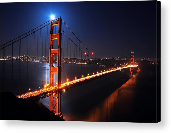 Bay Area Acrylic Print featuring the photograph Supermoon Shining on Top of the Golden Gate Bridge by Joel Thai