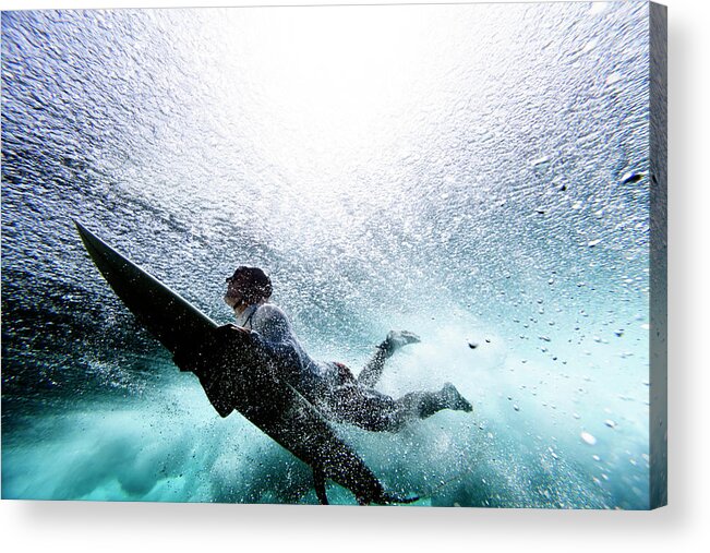 Expertise Acrylic Print featuring the photograph Surfer Duck Diving by Subman