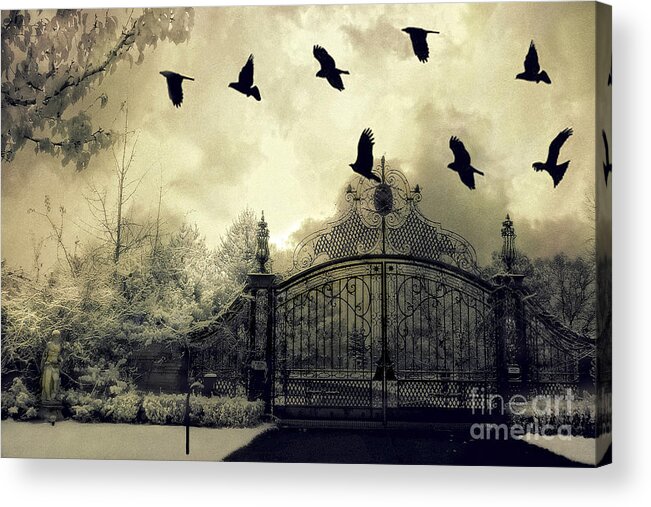 Ravens Acrylic Print featuring the digital art Surreal Gothic Spooky Haunting Gate With Ravens by Kathy Fornal