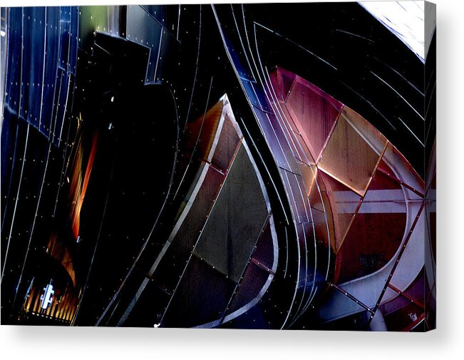 Swirling Shingles Copper Sunlight Purples Maroons Oranges Blue Violets Experience Music Project Building Exterior Seattle Wa Acrylic Print featuring the photograph Swirling Shingles by Holly Blunkall