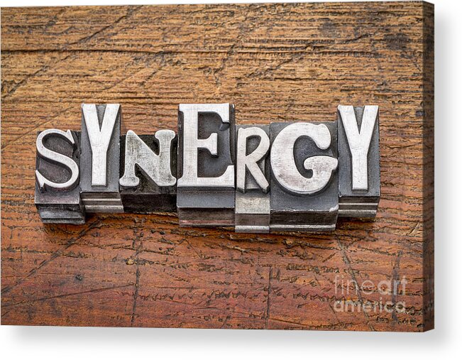 Antique Acrylic Print featuring the photograph Synergy Word In Metal Type by Marek Uliasz