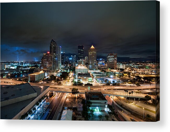 Mark Whitt Acrylic Print featuring the photograph Tampa Skyline with Lightning by Mark Whitt