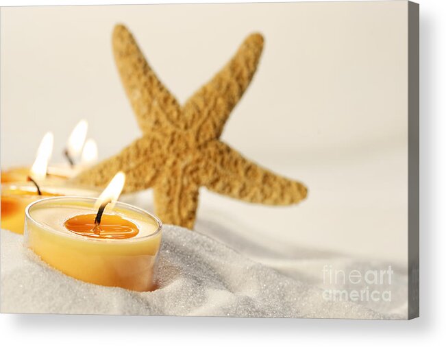 Wax Acrylic Print featuring the photograph Tea light candles in sand with star fish by Sandra Cunningham