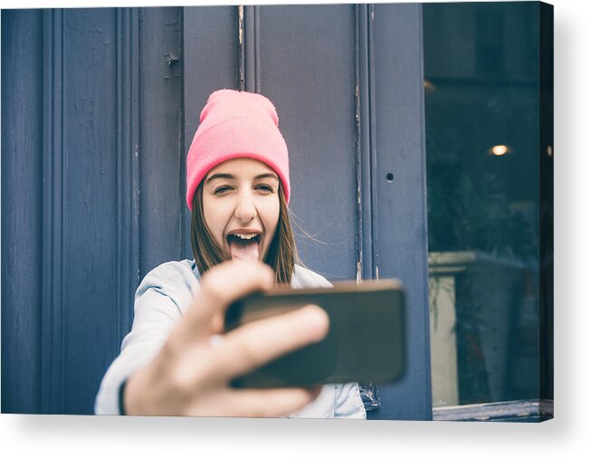 Lypsefra16 Acrylic Print featuring the photograph Teenager girl make selfie and making grimaces by Nikada