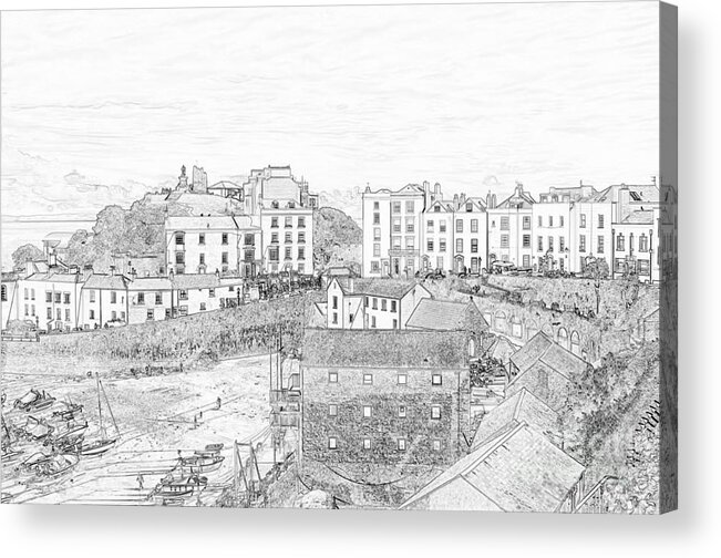 Tenby Acrylic Print featuring the photograph Tenby Harbour Pencil Sketch 5 by Steve Purnell
